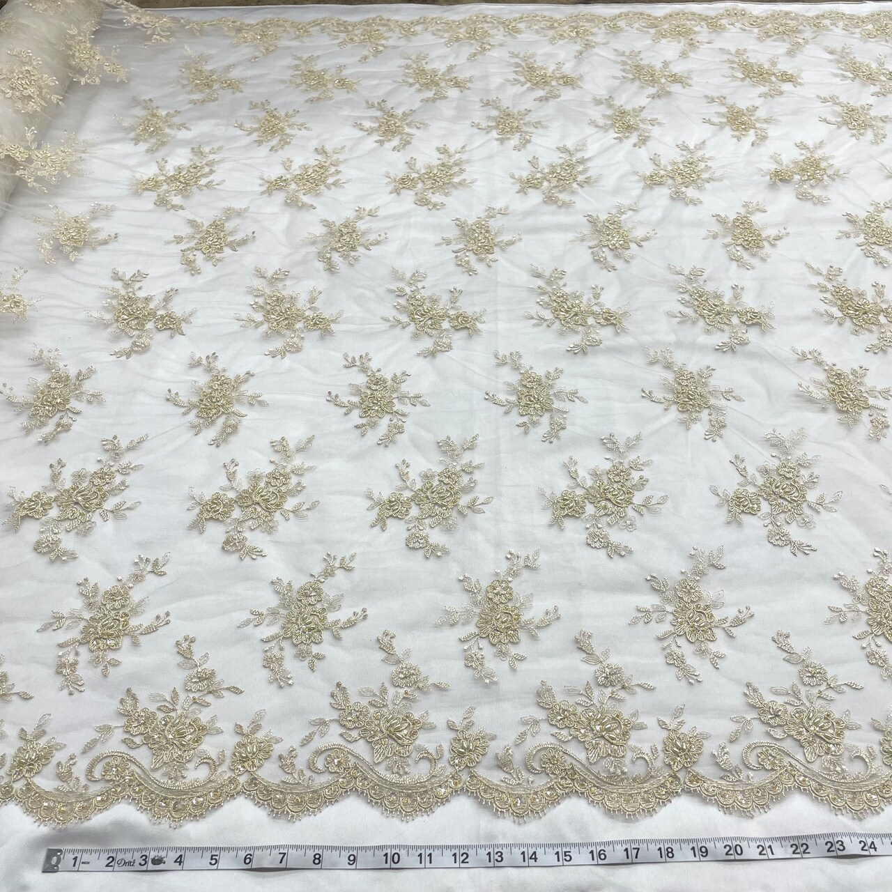 1 Yard Beaded Corded Bridal Lace Fabric Embroidered Mesh Champagne 54" Width
